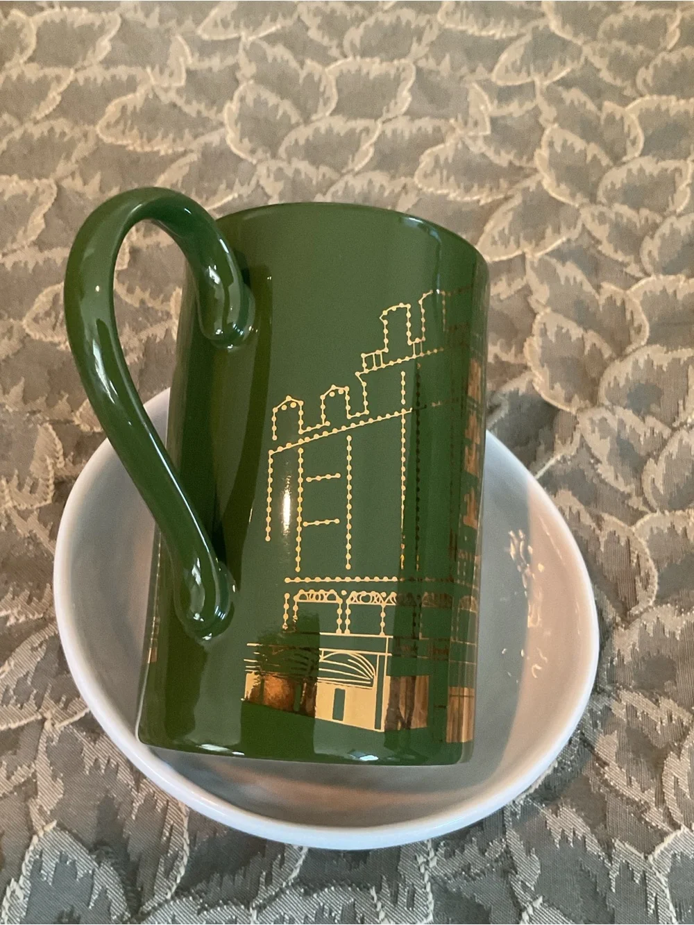 Harrods Knightsbridge Green Stoneware Mug with Gold Decoration Made in Scotland